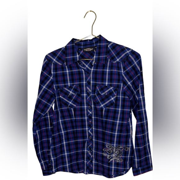 Harley-Davidson Woman Blue & Red Plaid Shirt Snap Buttons Size XS P2P 18” - Picture 3 of 5